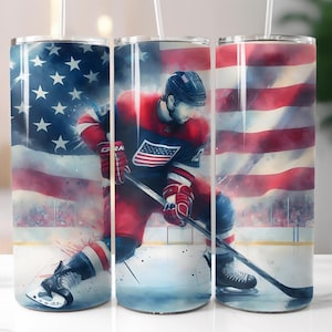 Hockeyspieler, Sport, amerikanische Flagge, Winter, 20 Unzen Skinny Tumbler Sublimationsdesign-Vorlagen, gerader PNG digitaler Download