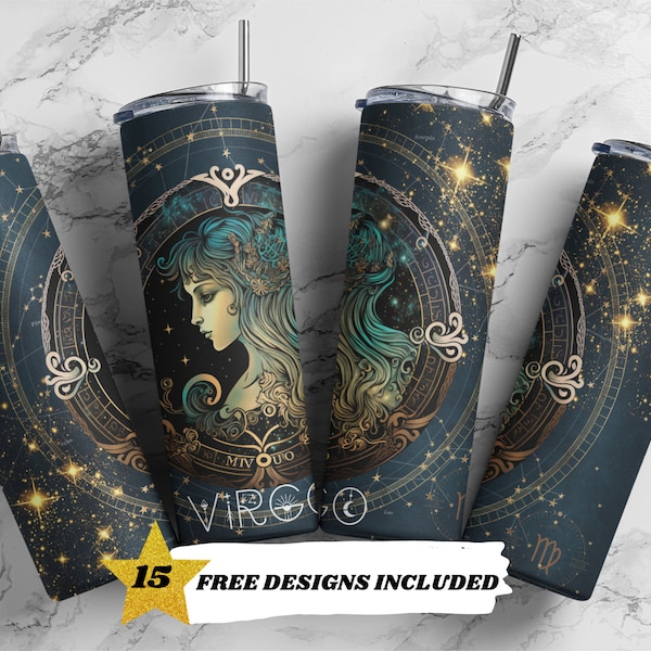 Celestial Zodiac Tumbler Glitter 20 oz Skinny Tumbler Sublimation Design Straight Design Digital Download PNG Virgo Astrological Sign