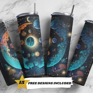 Celestial, Lua, Galáxia, Astrologia, Cartas de Tarô, Modelos de Design de Sublimação de Copo Magro de 20oz, Download Digital PNG Reto