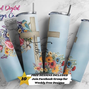 Faith Cross Floral, 20oz Skinny Tumbler, Sublimation Design Templates, Straight PNG Digital Download, Sublimation Template