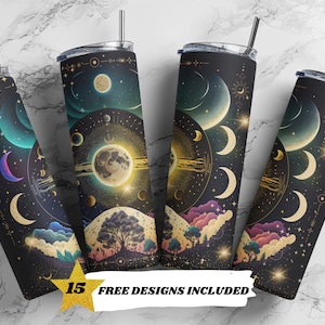 Celeste, Luna, Galassia, Astrologia, Tarocchi, Modelli di design per sublimazione per bicchieri sottili da 20 once, Download digitale PNG dritto
