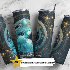 Gobelet zodiaque céleste pailleté 20 oz gobelet mince sublimation design design droit téléchargement numérique PNG signe astrologique verseau