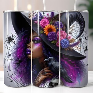 Black Witch, Wiccan, Raven, Skull, Halloween, Fall, 20oz Skinny Tumbler Sublimation Design Templates, Straight PNG Digital Download