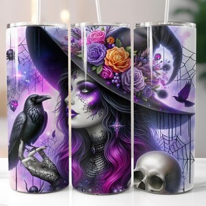Witch, Wiccan, Raven, Skull, Halloween, Fall, 20oz Skinny Tumbler Sublimation Design Templates, Straight PNG Digital Download