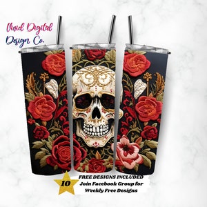 Embroidery Gothic Skull Floral, 20oz Skinny Tumbler, Sublimation Design Templates, Straight PNG Digital Download, Sublimation Template