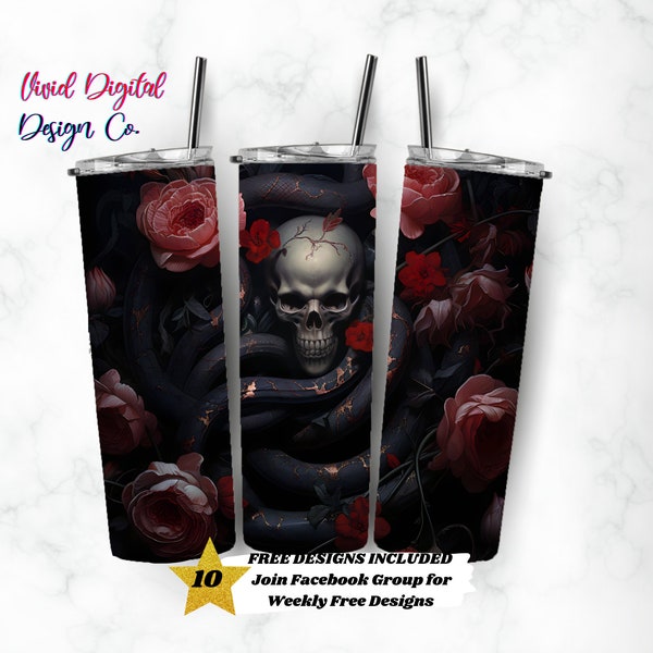 Gothic Skull Snakes Roses, 20oz Skinny Tumbler, Sublimation Design Templates, Straight PNG Digital Download, Sublimation Template