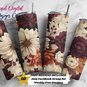 Floral de Outono, Copo Magro de 20oz, Modelos de Design de Sublimação, Download Digital PNG Reto, Modelo de Sublimação