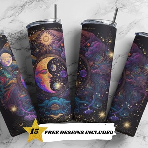 Celestial, Lua, Galáxia, Astrologia, Cartas de Tarô, Modelos de Design de Sublimação de Copo Magro de 20oz, Download Digital PNG Reto