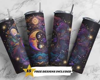 Celestial, Moon, Galaxy, Astrology, Tarot Cards, 20oz Skinny Tumbler Sublimation Design Templates, Straight PNG Digital Download