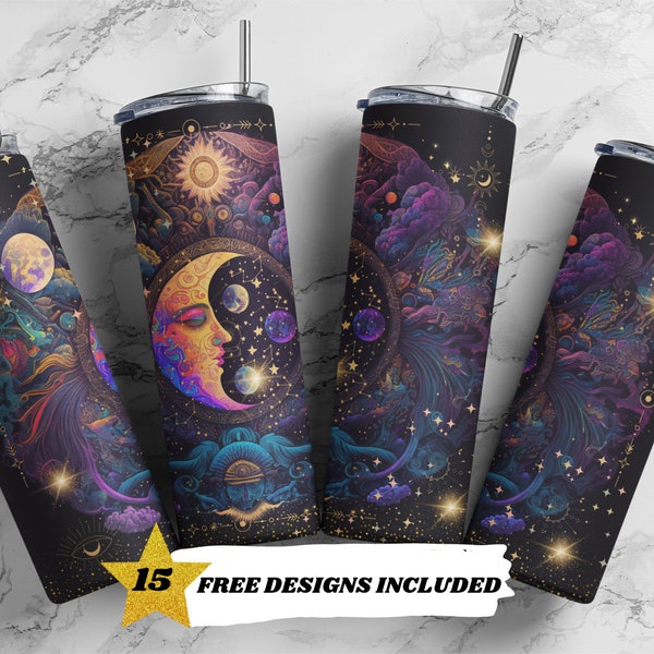 Celestial, Moon, Galaxy, Astrology, Tarot Cards, 20oz Skinny Tumbler Sublimation Design Templates, Straight PNG Digital Download