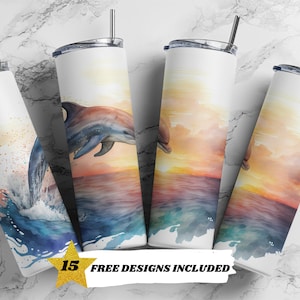 Watercolor Dolphins, 20oz Skinny Tumbler Sublimation Design Templates, Straight PNG Digital Download