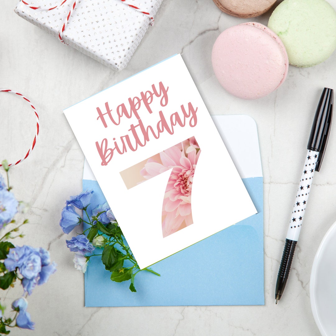 7th Birthday Card DIGITAL DOWNLOAD Printable Pink Dahlia - Etsy