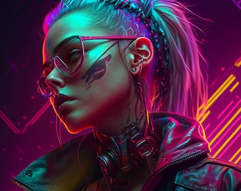 May include: A futuristic portrait of a person with vibrant, neon-colored hair styled in a braid and ponytail. They wear pink-framed glasses, a black leather jacket, and a metallic neckpiece. The background features glowing neon lines.