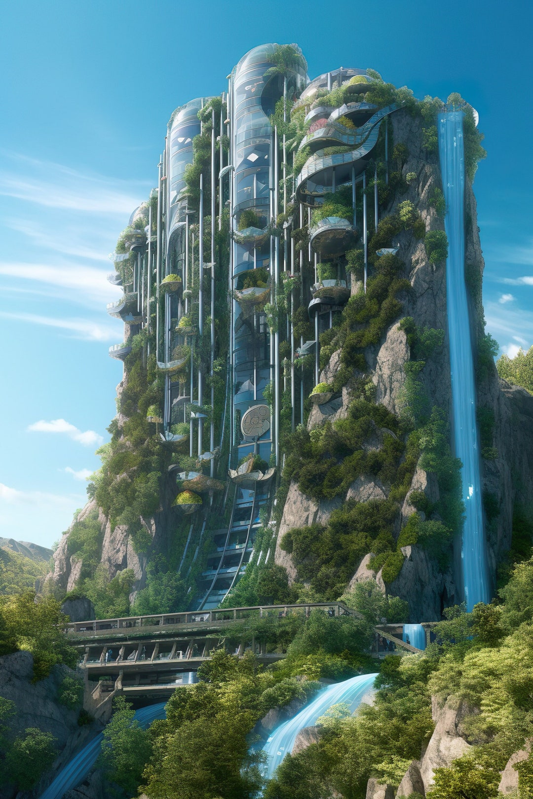 Solarpunk Cliffside Waterfall Cityscapes - Etsy