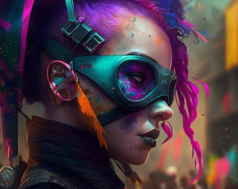 Op de afbeelding: Een cyberpunk-stijl portret van een vrouw met fel roze en paars haar, die een turquoise en zwarte bril draagt met een roze oortelefoon. De vrouw heeft kleurrijke verfspatten op haar gezicht en een donkere lipkleur.