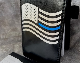 personalized leather notebook; mini 3x5 note pad; law enforcement; thin blue line
