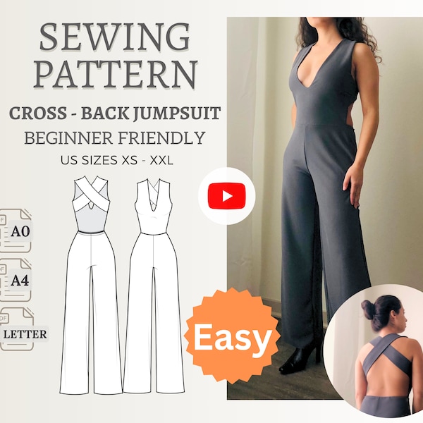 Open Back Women Jumpsuit PDF Easy Sewing Pattern 6 Sizes XS - 2XL Overall Pattern Graduation Jumpsuit Knit Loose Pant Romper Flared Pants