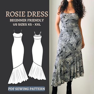 Ruffle Midi Dress Sewing Pattern – Asymmetrical Gown (PDF Pattern)