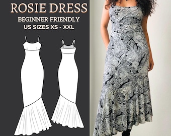 Ruffle Midi Dress Sewing Pattern – Asymmetrical Gown (PDF Pattern)