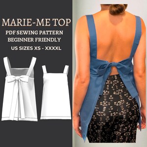 Könnte beinhalten: Ein blaues Oberteil mit Schleife am Rücken und ein weißes Oberteil mit Schleife vorne. Der Text links lautet "MARIE-ME TOP PDF SEWING PATTERN BEGINNER FRIENDLY US SIZES XS - XXXXL".