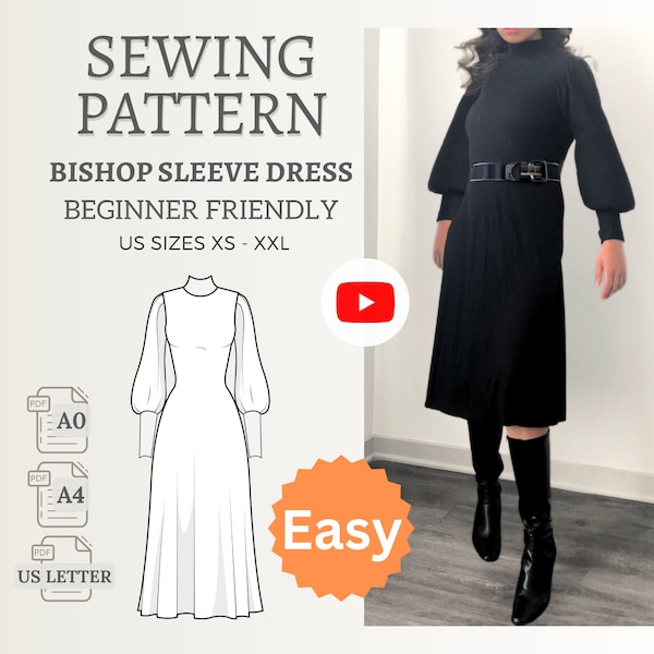 Easy turtleneck Dress Sewing Pattern for Beginners Dress Women Puff Sleeve PDF Sewing Pattern Elegant Midi Dress for Event 6 Sizes Included