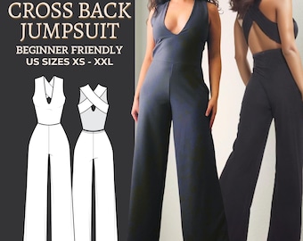 Open Back Jumpsuit Sewing Pattern – Flared Pants, Knit Romper (PDF Pattern)