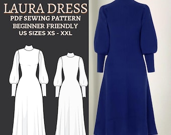 Schnittmuster Rollkragen Midi Kleid: Puffärmel, anfängerfreundlich (PDF Pattern)