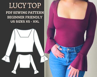 Bell Sleeve Square Neck Top Sewing Pattern, Fitted Blouse (PDF Pattern)