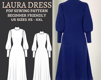 Mock Neck Bishop Sleeve Dress Sewing Pattern – XS-2XL (Digital PDF)