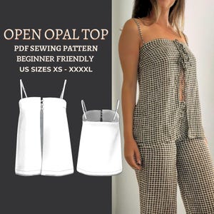 May include: A PDF sewing pattern for the Open Opal Top, featuring US sizes XS to XXXXL. The image displays a black and white houndstooth camisole with thin straps and a front-opening design, alongside two white technical line drawings of the top.
