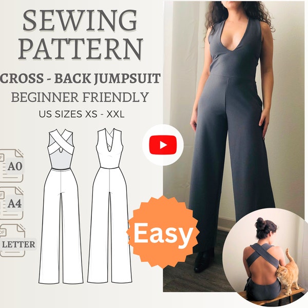 Backless Jumpsuit Sewing Pattern for Beginner Includes 6 Sizes XS-XXL Wide Leg Jumpsuit For Women Palazzo Pants PDF Sewing Pattern For Event