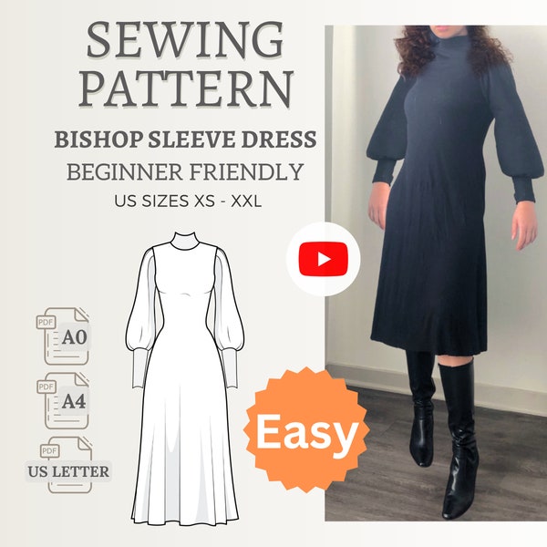 Easy Modest Mock Neck Dress Digital PDF Sewing Pattern 6 Sizes XS - 2XL Instant Download with 3 Printable options Bishop Sleeve Dress