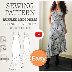 Flowy Asymmetrical Gown Sewing Pattern Ruffle Midi Dress Instant Download Cute Beginner Trendy Digital PDF Includes 6 Sizes XS - 2XL