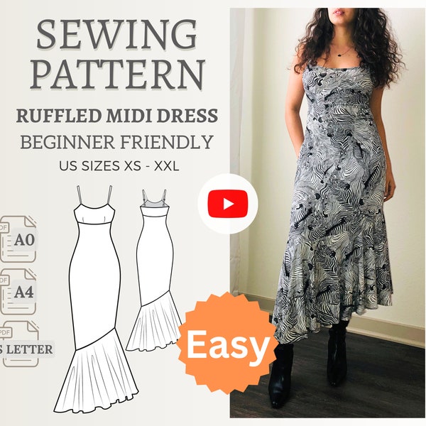 Flowy Asymmetrical Gown Sewing Pattern Ruffle Midi Dress Instant Download Cute Beginner Trendy Digital PDF Includes 6 Sizes XS - 2XL