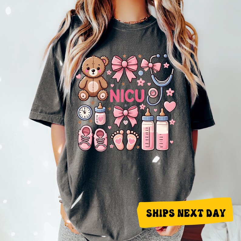a woman wearing a t - shirt that says nicu with a teddy bear and