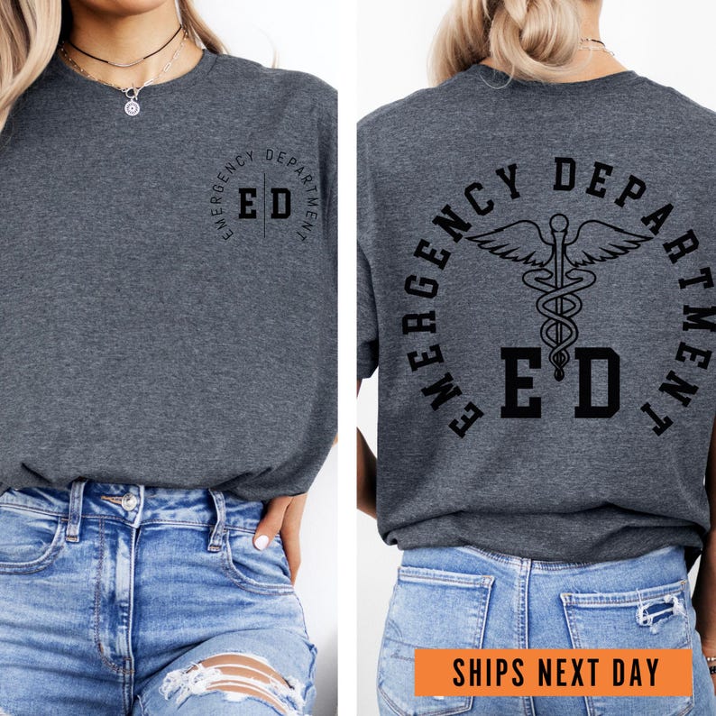 a woman wearing a grey shirt with the words emergency dept on it