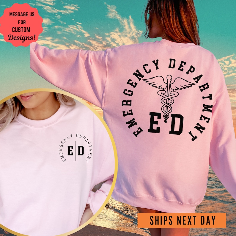 a woman wearing a pink sweatshirt with the words emergency dept on it