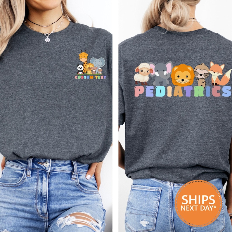 a woman wearing a t - shirt with the word pediatrics on it