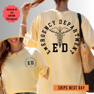 a woman wearing a yellow shirt with a cadus on it