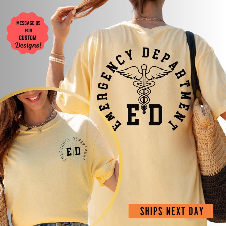 a woman wearing a yellow shirt with a cadus on it