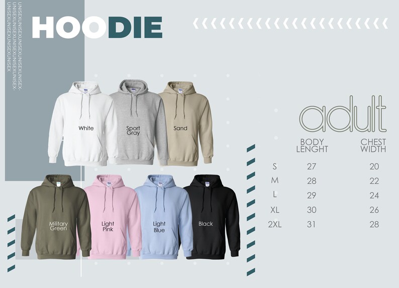 May include: A variety of colors of adult hoodies are shown. The colors are white, sport gray, sand, military green, light pink, light blue, and black. A size chart is included with body length and chest width measurements in inches.