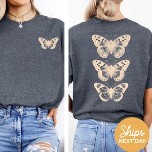 The image is a collage of two photos showing the back of a person wearing a gray t-shirt with a graphic of three butterflies printed on it.