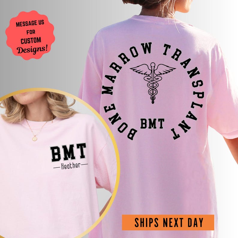 a woman wearing a pink t - shirt with a medical symbol on it