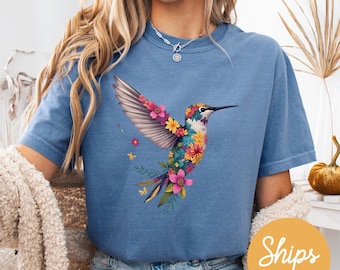 Floral Hummingbird T-Shirt: Eco-Friendly Bird Lover Tee