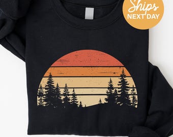 Retro Sunset Sweatshirt: Vintage Hiking Crewneck, Nature Lover Gift