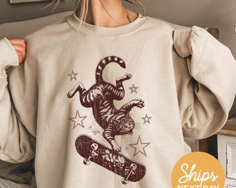 Retro Skater Cat Sweatshirt, Vintage Feline Graphic Crewneck