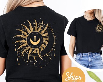 Mystic Moon Tee: Celestial Gold Crescent, Spiritual Shirt