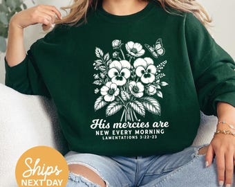 Floral Christian Sweatshirt, Boho Bible Verse Crewneck, Lamentations 3:22-23