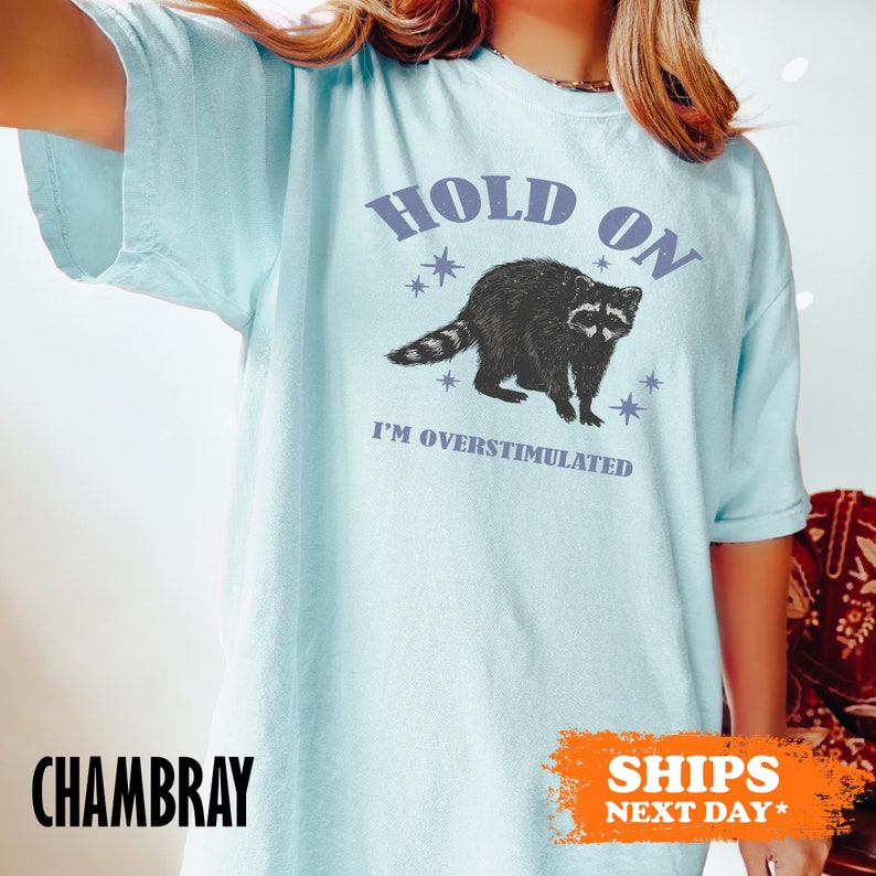 a woman wearing a blue shirt with a raccoon on it