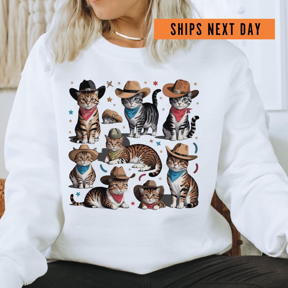 Cute Cats Crewneck, Retro Cat Sweatshirt,Cowboy Cat Hoodie, Cat Mom Hoodie, Cat Mama Sweatshirt, Cat Lover Gifts, Cat Owner Crewneck Livingmall